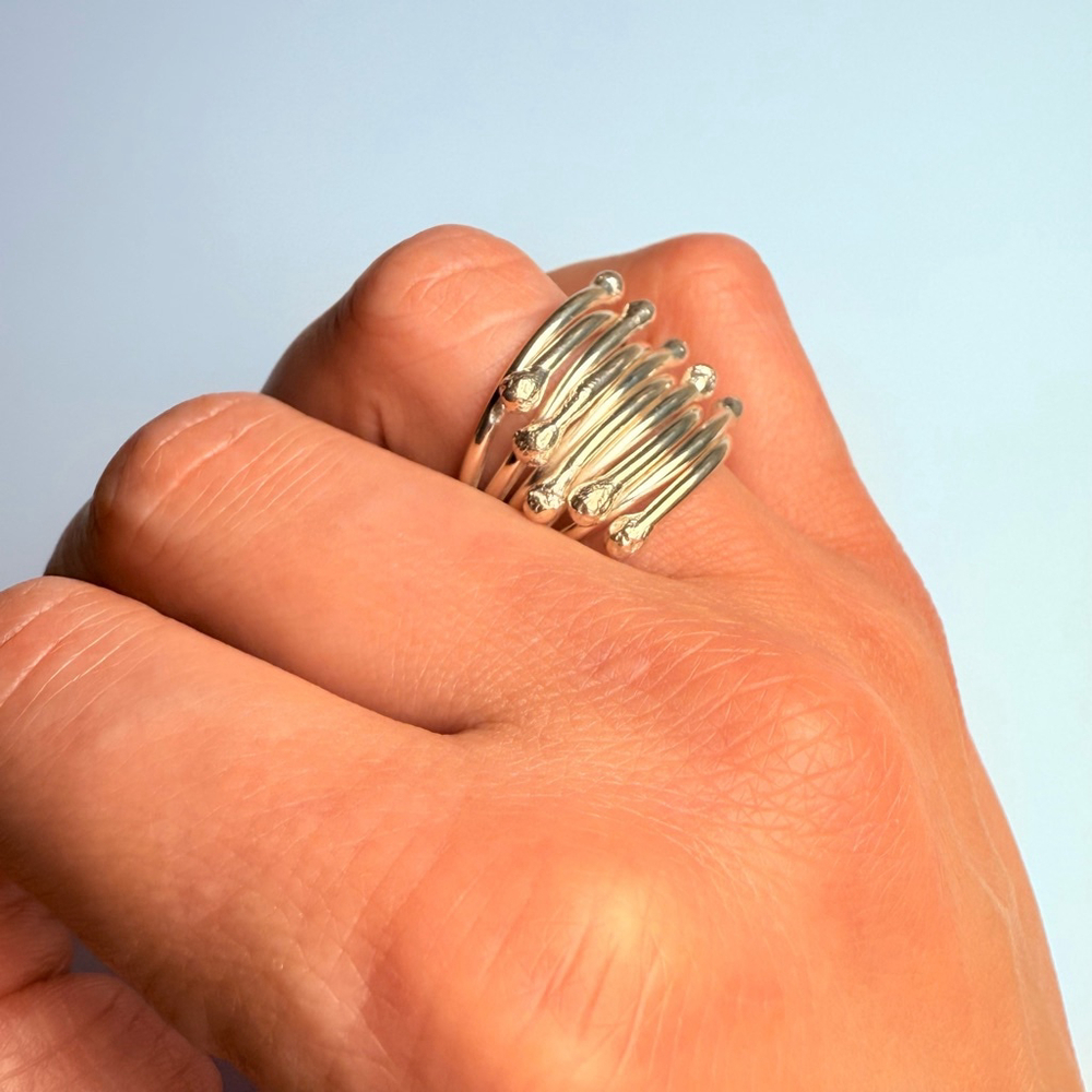 Modernist 10 Link Stack 17mm Band Sterling Silver 925 Artisan Abstract Ring - Picture 9 of 11